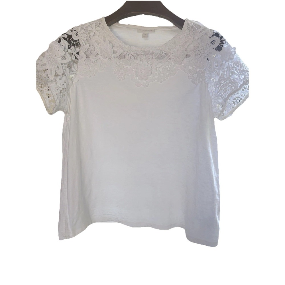 Charter Club XL P Short Sleeve Crochet Trim Top Shirt White Lace Trim Cotton - Picture 3 of 12